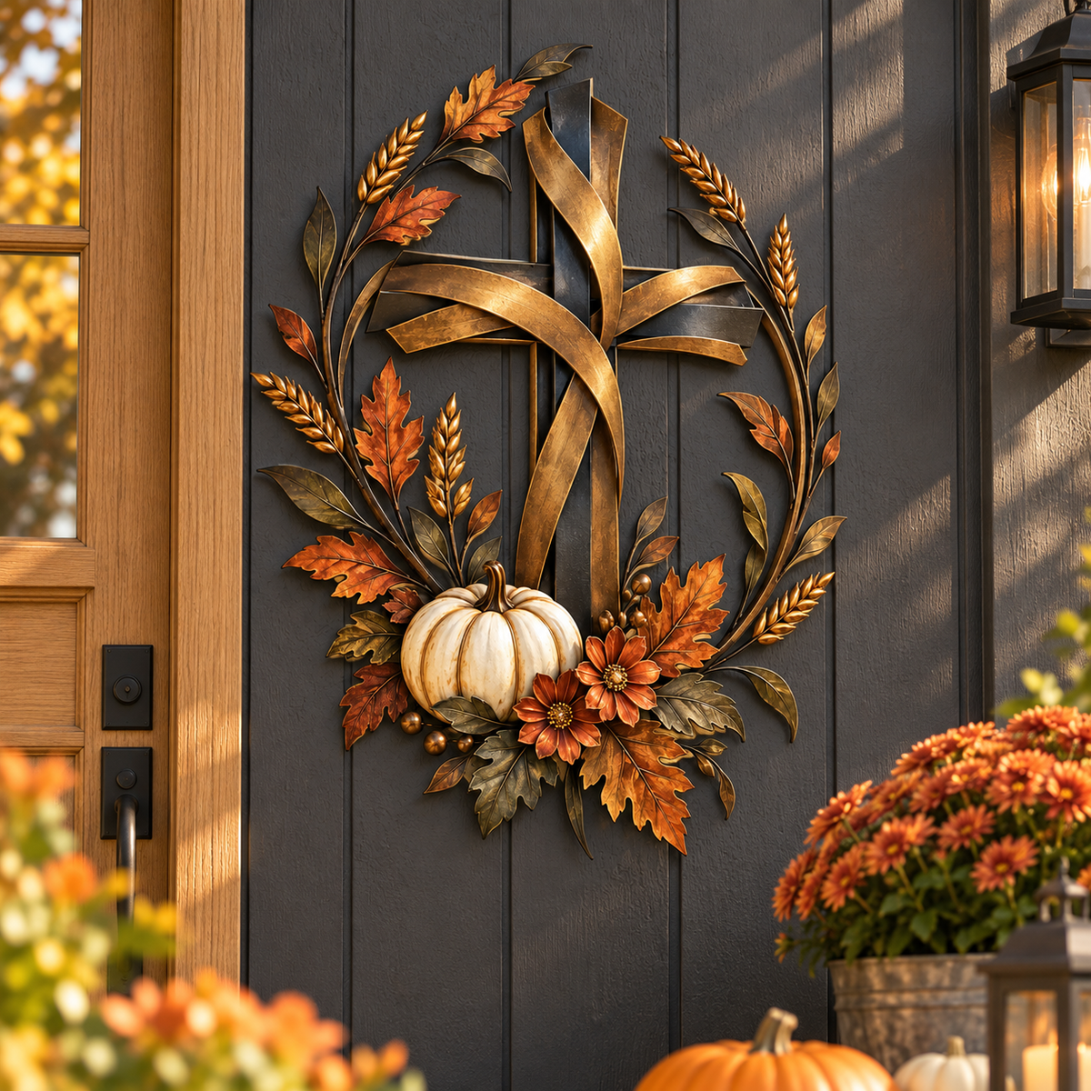 ✝️🍂Autumn Cross & Pumpkin Harvest Metal Wall Decor