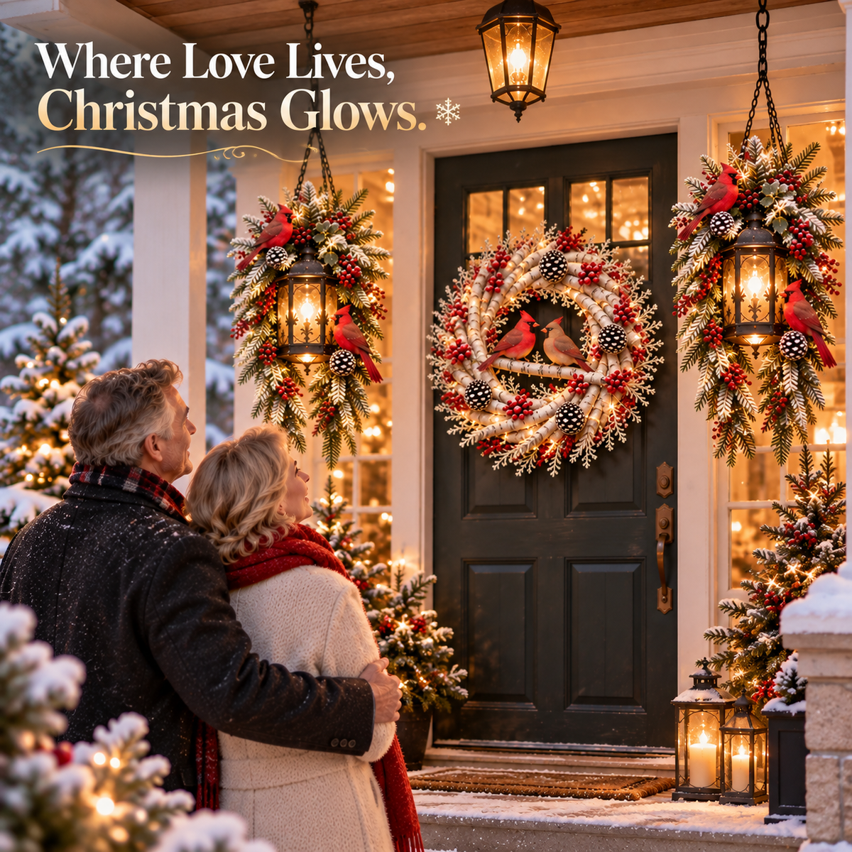 🐦❤️ Cardinals Welcome Home™ – 3-Piece Lighted Christmas Porch Decor Set | 20" Snowy Birch Wreath & 2 Hanging Cardinal Lanterns 🎄