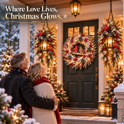 🐦❤️ Cardinals Welcome Home™ – 3-Piece Lighted Christmas Porch Decor Set | 20" Snowy Birch Wreath & 2 Hanging Cardinal Lanterns 🎄