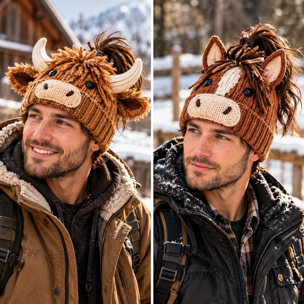 Two men modeling Highland Cow and Horse animal knit hats in winter