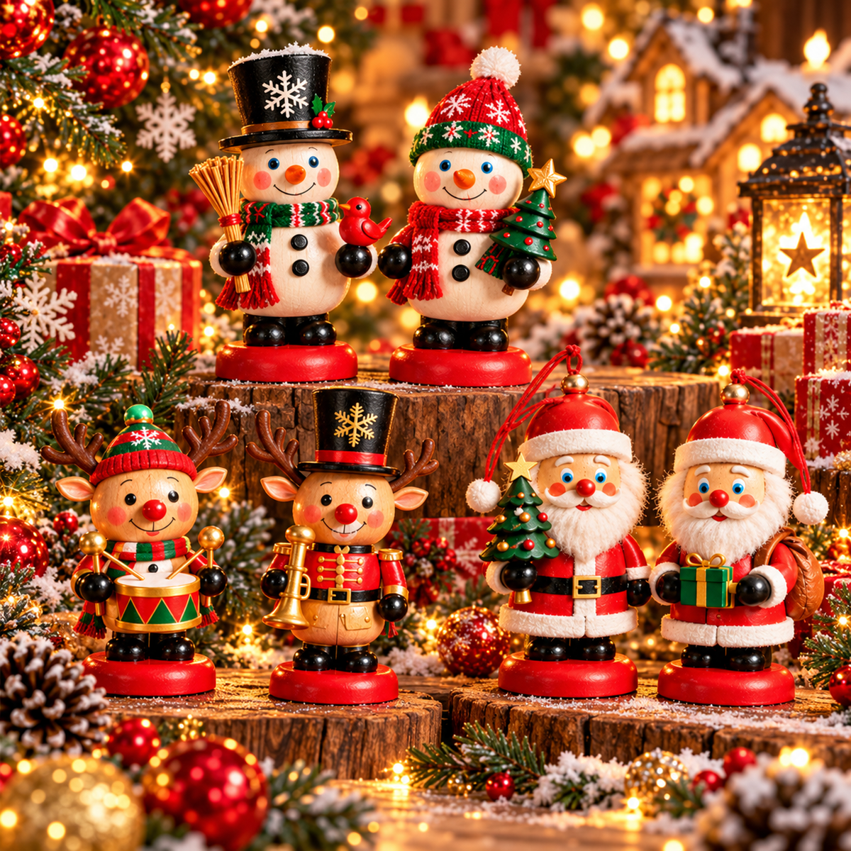 Classic Christmas Santa Reindeer and Snowman Figurine Collection