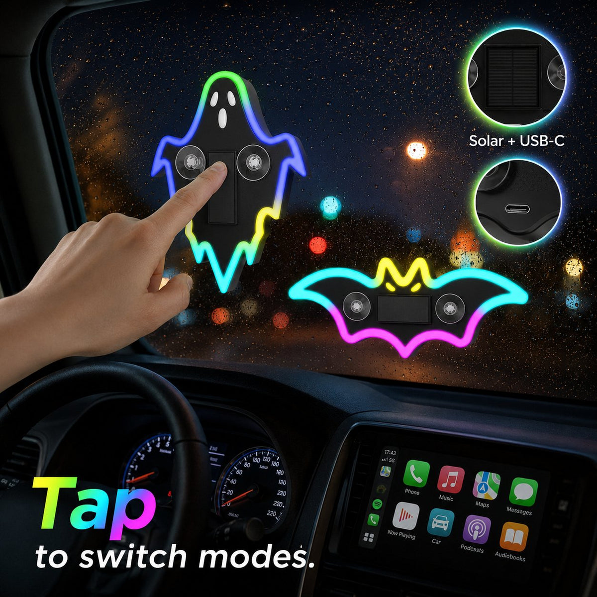 LED Glowing Bat & Ghost Car Window Light Vibration‑Sensing Spooky Cyberpunk Vehicle Light Decal for Night Drive & Halloween Car Makeover
