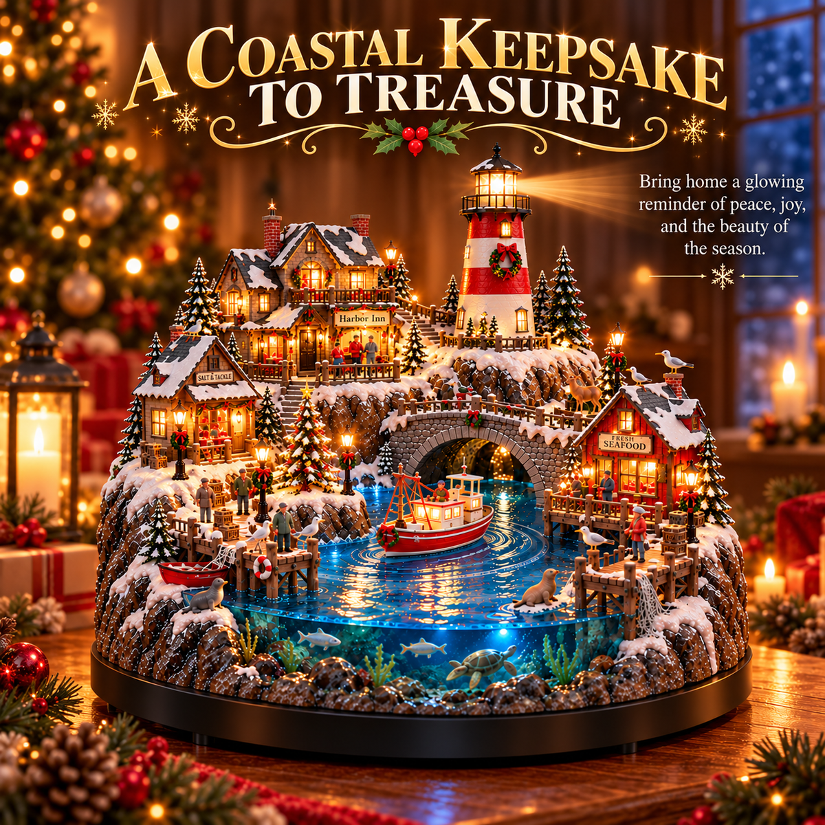 🔥 LAST DAY 50% OFF 🔥 Harborlight Christmas™ — Lighted Coastal Village with Lighthouse, Fishing Boat & Underwater Scene ✨