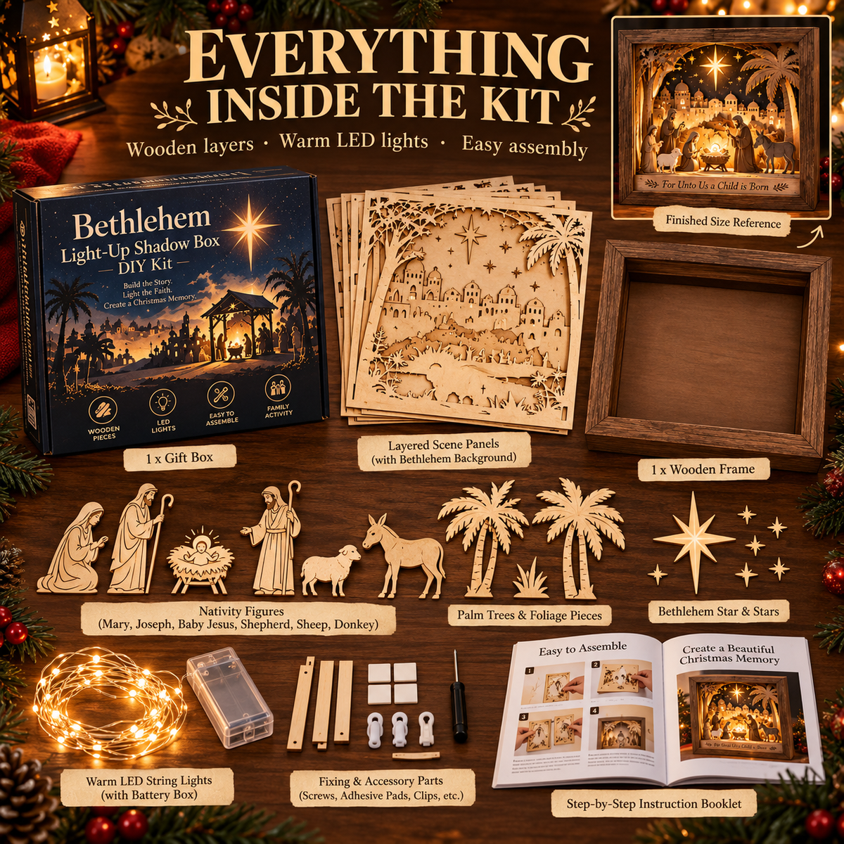 ⭐ Bethlehem Light-Up Nativity Shadow Box DIY Kit – Layered Wooden Christmas Craft