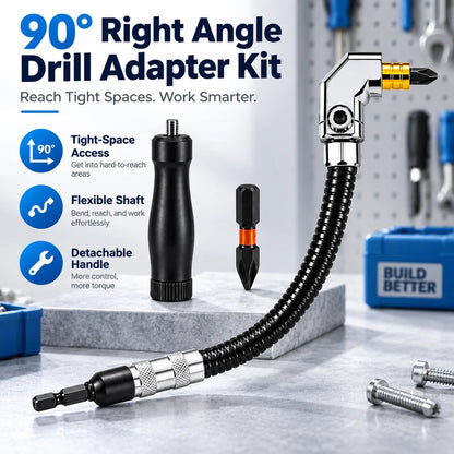 90-Degree Right Angle Drill Adapter Kit, Flexible Extension Shaft With Detachable Handle