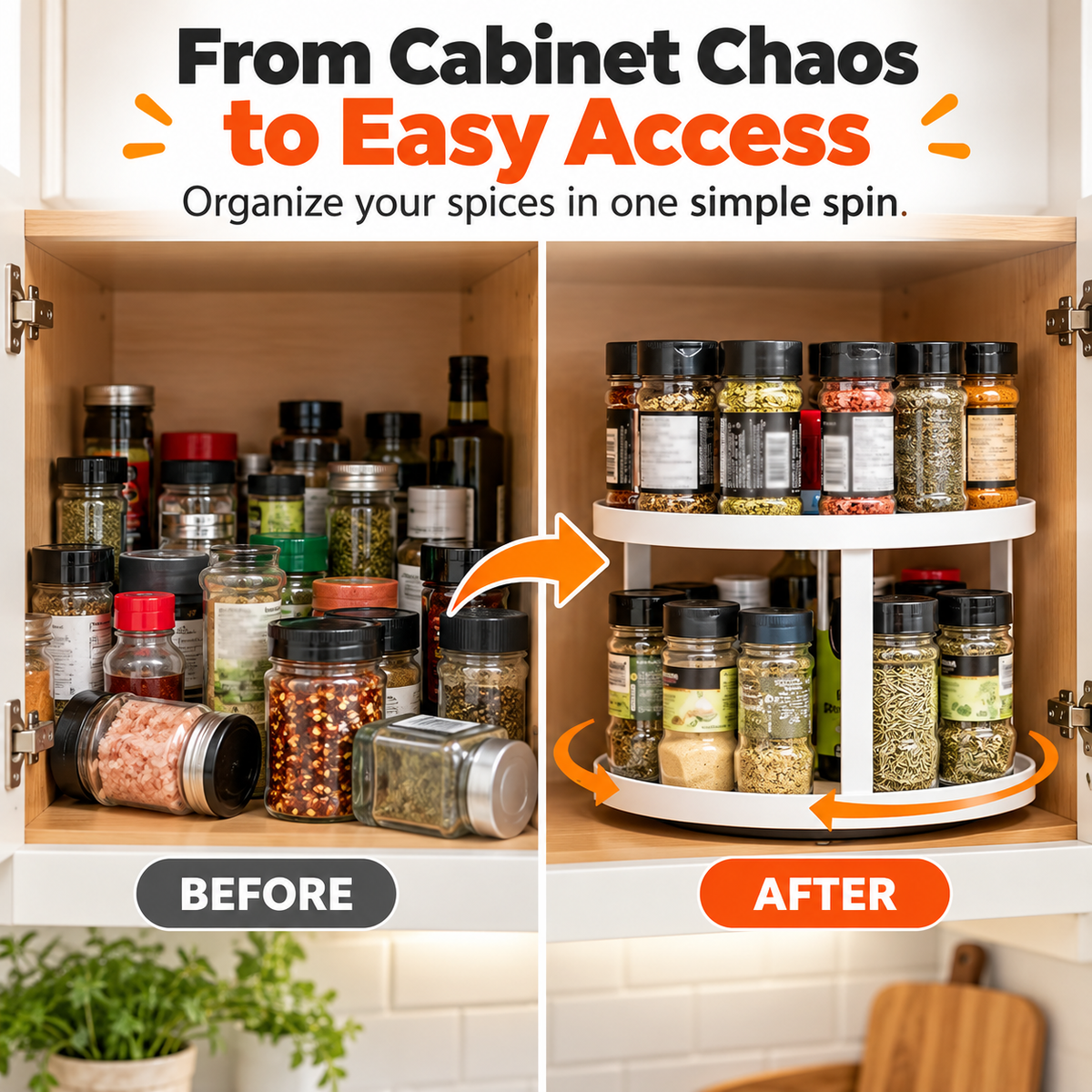 Spice cabinet before and after using rotating spice rack