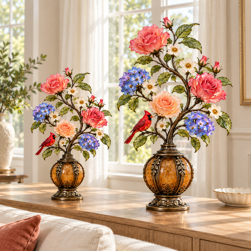 Eternal Bloom Vintage Rose Cardinal Table Lamp