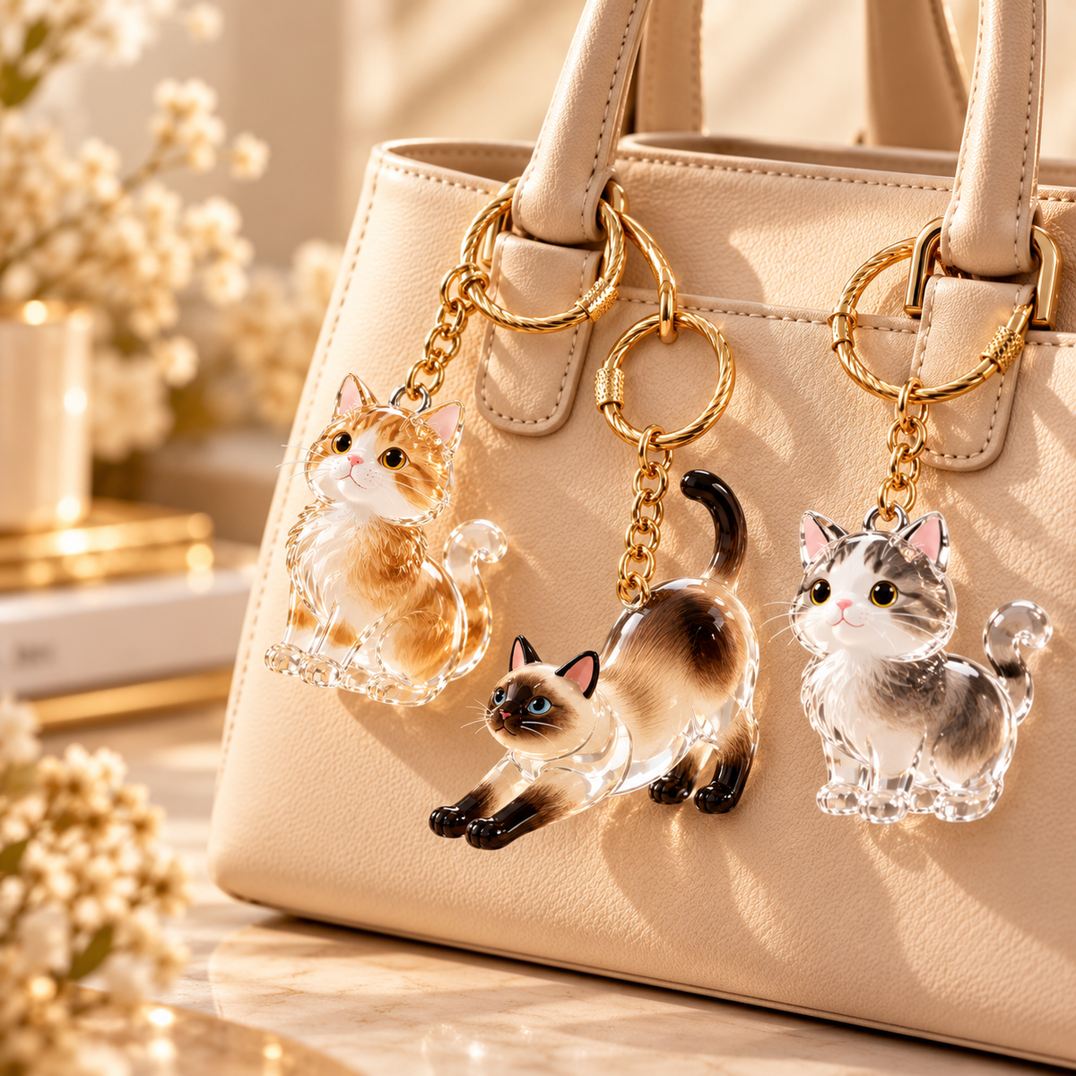 Cat keepsake keychains attached to handbag