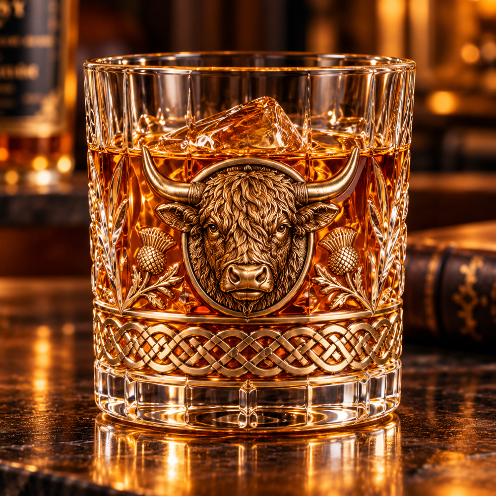 Whiskey glass decorated with sculpted Highland cow emblem and gold Celtic-inspired motifs