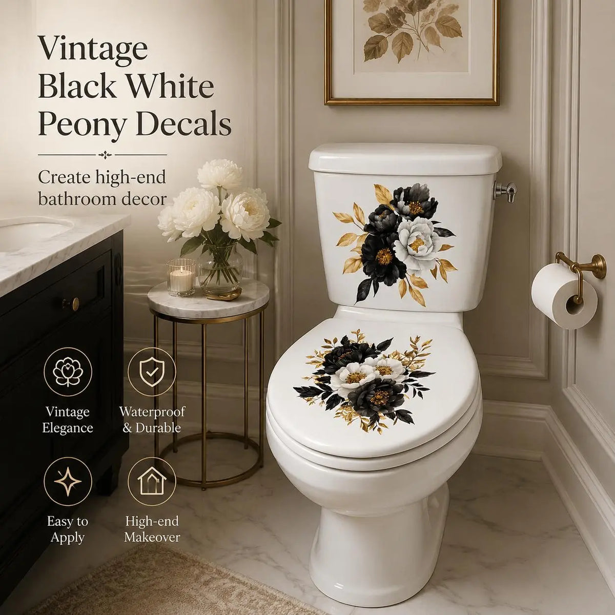 🔥 Limited-Time 49% OFF 🌸3 Piece Golden Floral Toilet Stickers – Pearl-Inspired Bathroom Decals