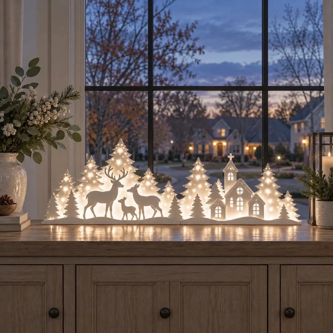 🦌 LED-Weihnachtsdekoration mit Rehen und Dorfmotiv für das Fenster | 2-teiliges beleuchtetes Set