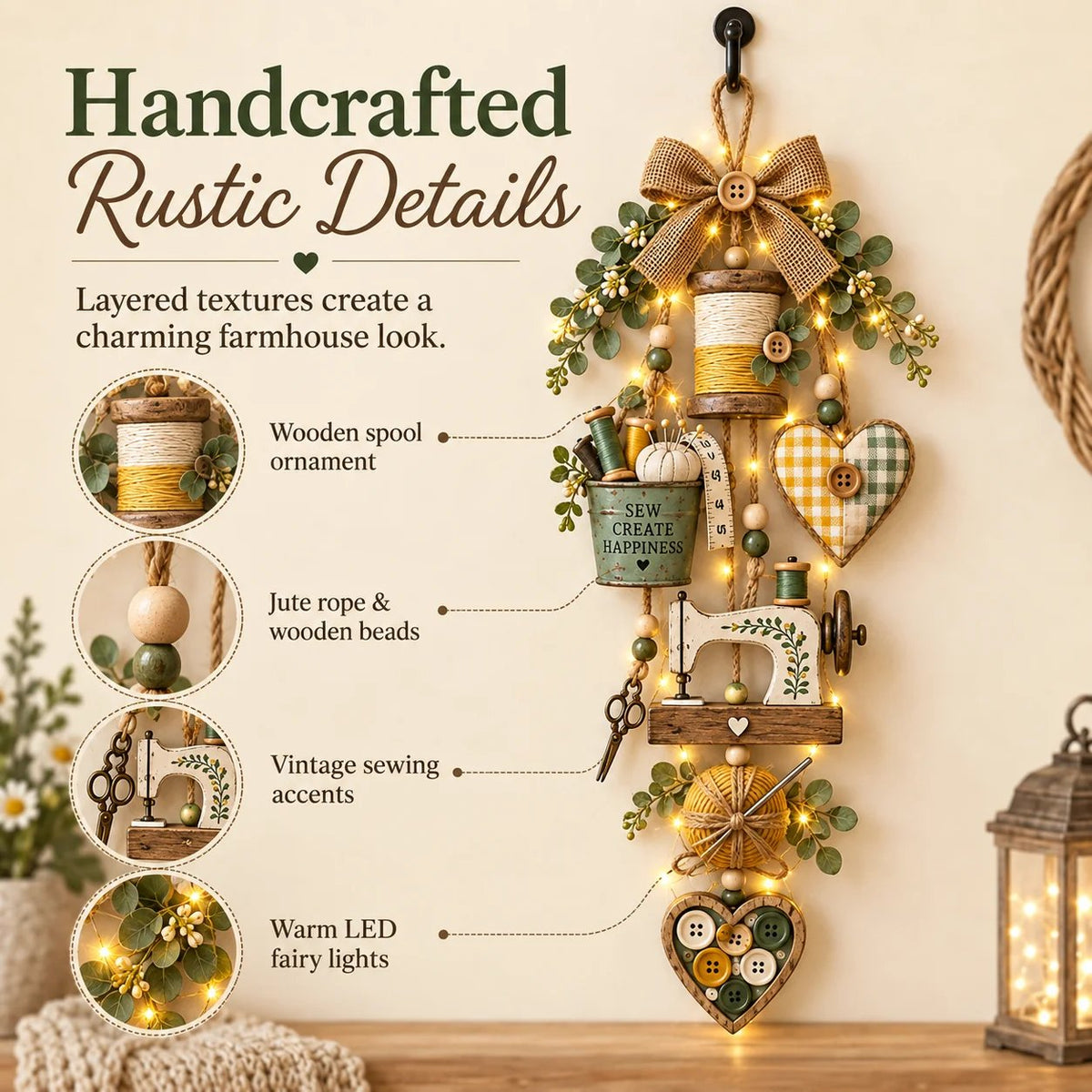 ✨🧵 Rustic Wooden Sewing - Themed Hanging Ornament with Remote Control Fairy Lights