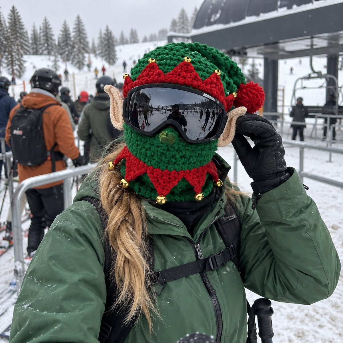 Elf Christmas knit ski mask worn at ski resort