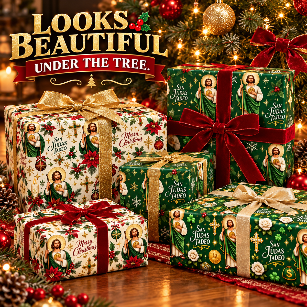 🎁 Buy 1 Get 1 FREE | 2-in-1 Gift Wrap Cutter & Tape Dispenser + FREE San Judas Tadeo Christmas Wrapping Paper 🎄