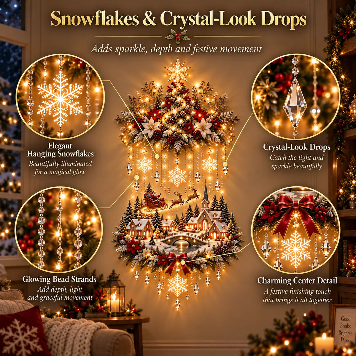 Snowflake crystal look drops and illuminated hanging details