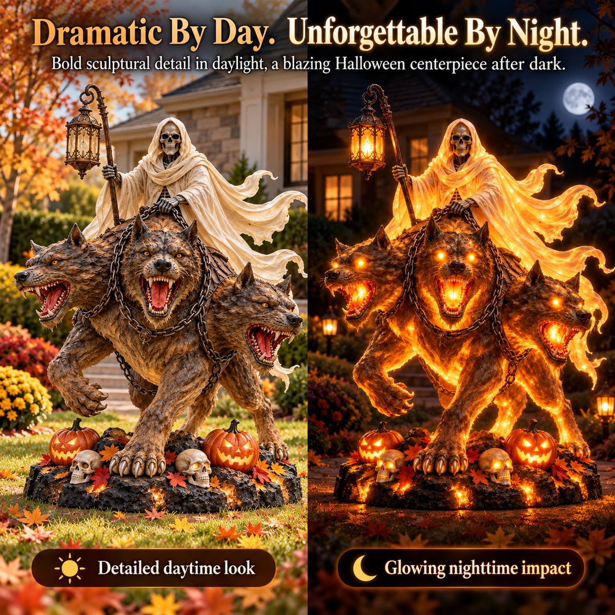 Cerberus statue day and night display