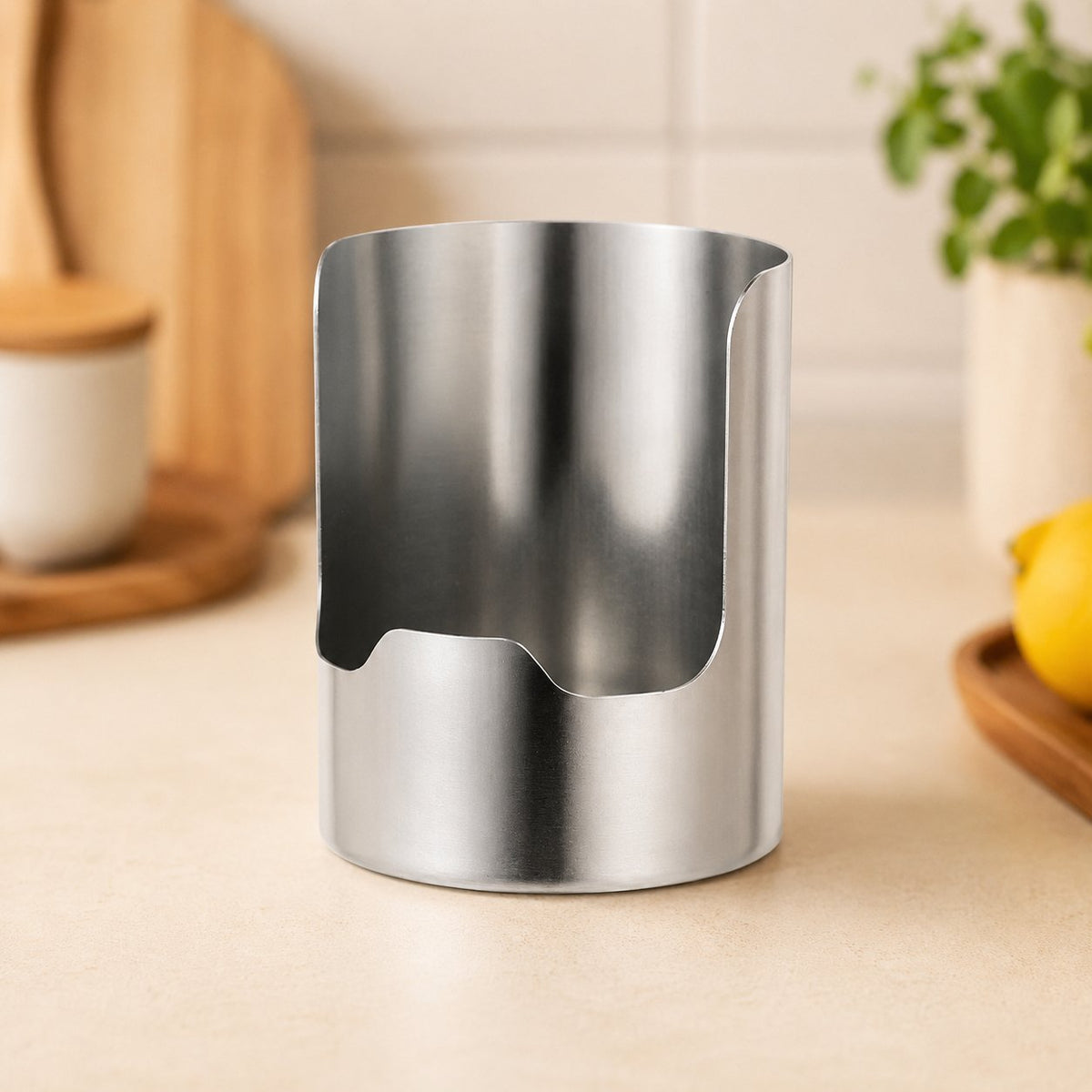 Close up of stainless steel utensil organizer