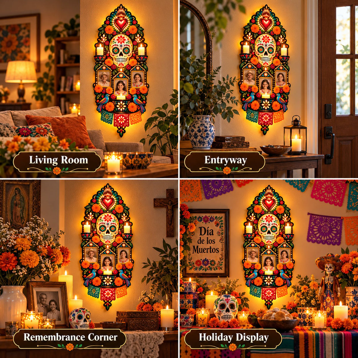 Día de los Muertos memorial wall light displayed in different rooms
