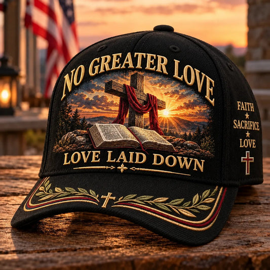 🔥 LAST DAY 50% OFF 🔥✝️ No Greater Love™ Christian Cap – Premium Embroidered Faith Hat with Cross, Open Bible & “Love Laid Down” Design ✨
