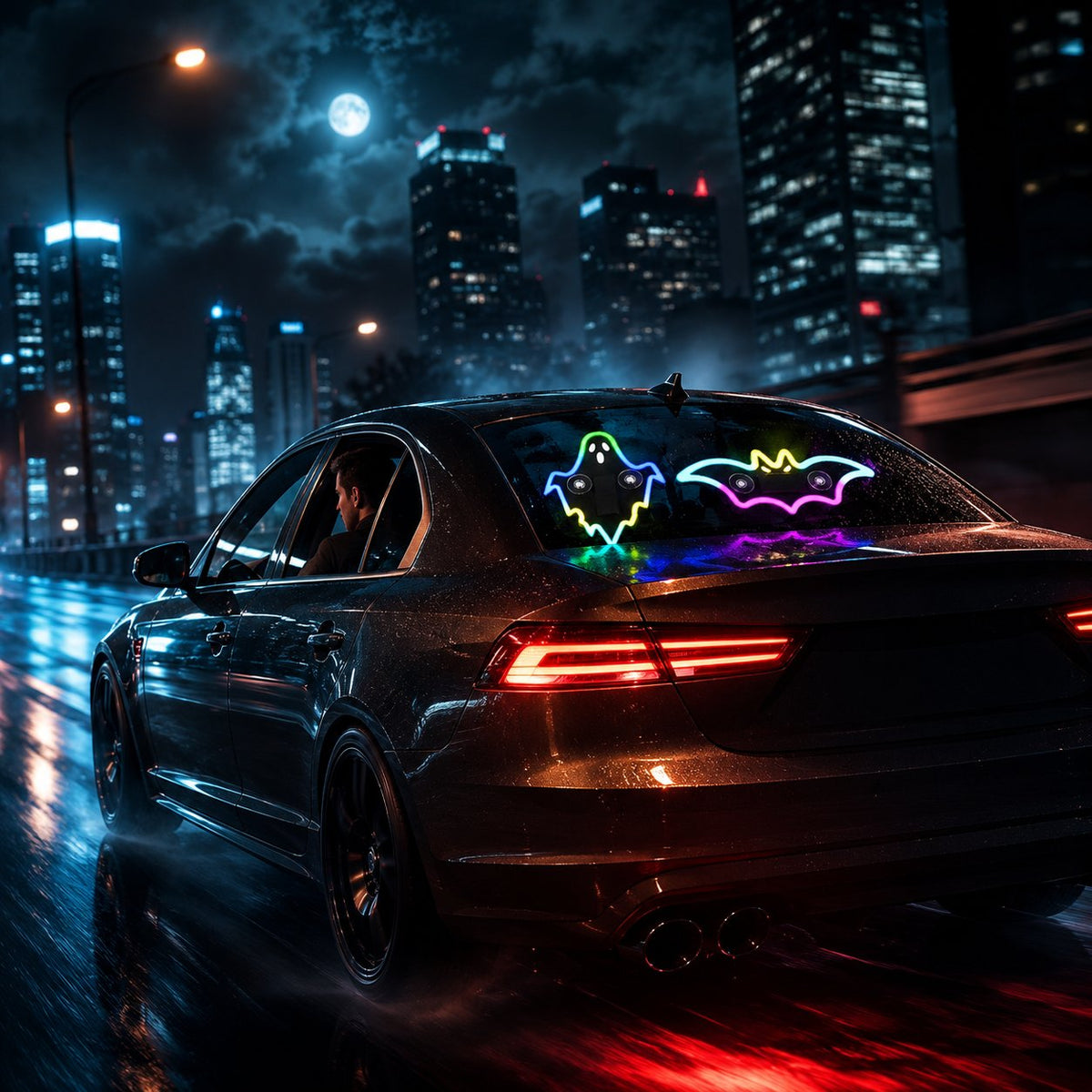 LED Glowing Bat & Ghost Car Window Light Vibration‑Sensing Spooky Cyberpunk Vehicle Light Decal for Night Drive & Halloween Car Makeover