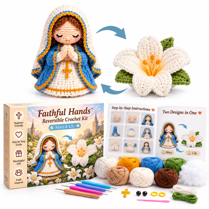 🙏✝️ Faithful Hands™ 2-in-1 Reversible Christian Crochet Kit – Jesus & Lamb, Angel & Sunflower, Mary & Lily | Meaningful DIY Faith Gifts ❤️