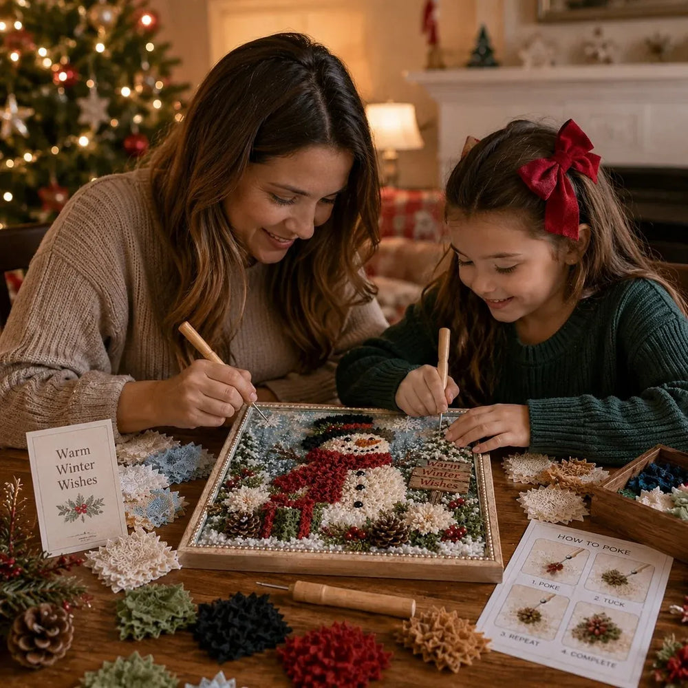 Family enjoying Christmas fabric poke art together