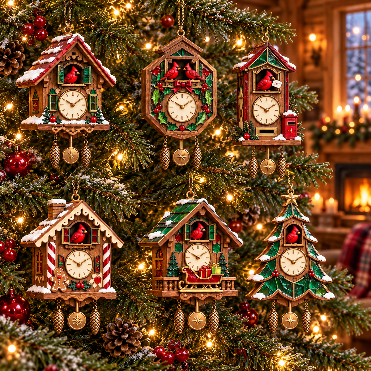 The six cardinal cuckoo clock ornaments arranged among Christmas tree branches
