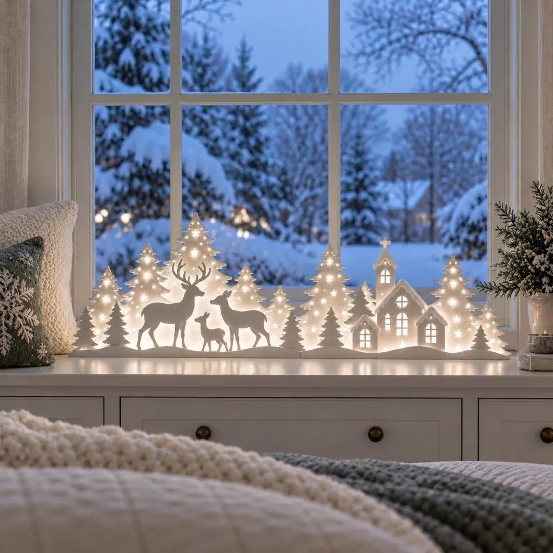 🦌 LED-Weihnachtsdekoration mit Rehen und Dorfmotiv für das Fenster | 2-teiliges beleuchtetes Set