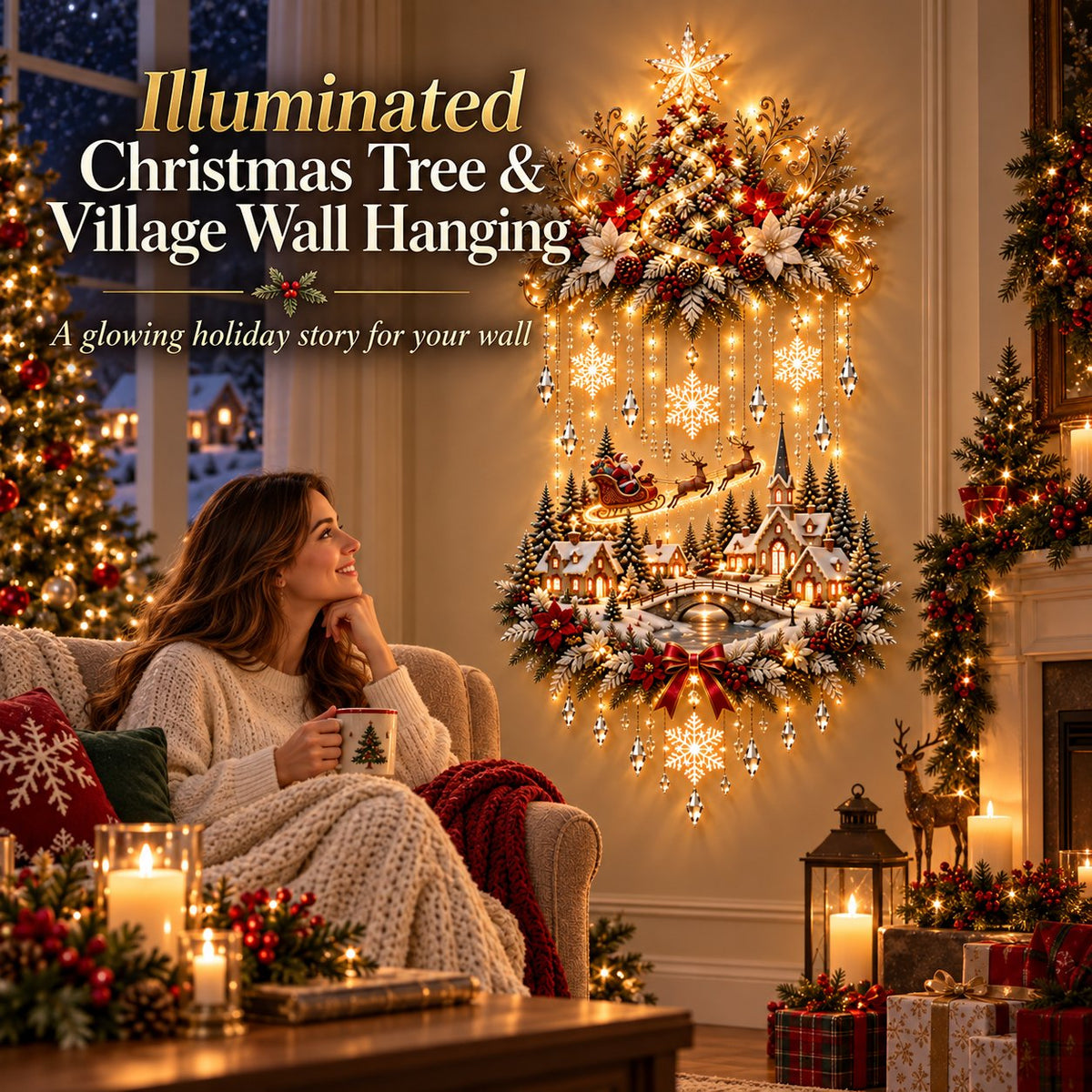 🎄 Illuminated Christmas Tree & Village Wall Hanging | 🎁Cascading Warm Lights for Living Rooms, Entryways & Staircases ✨