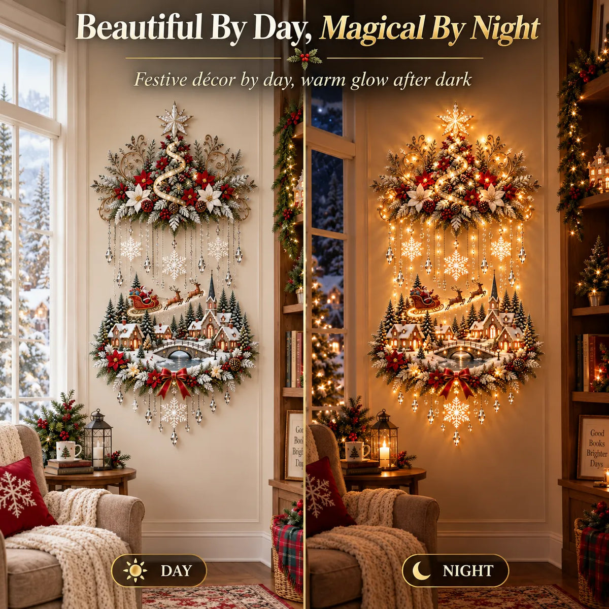 Illuminated Christmas tree village wall hanging day and night comparison