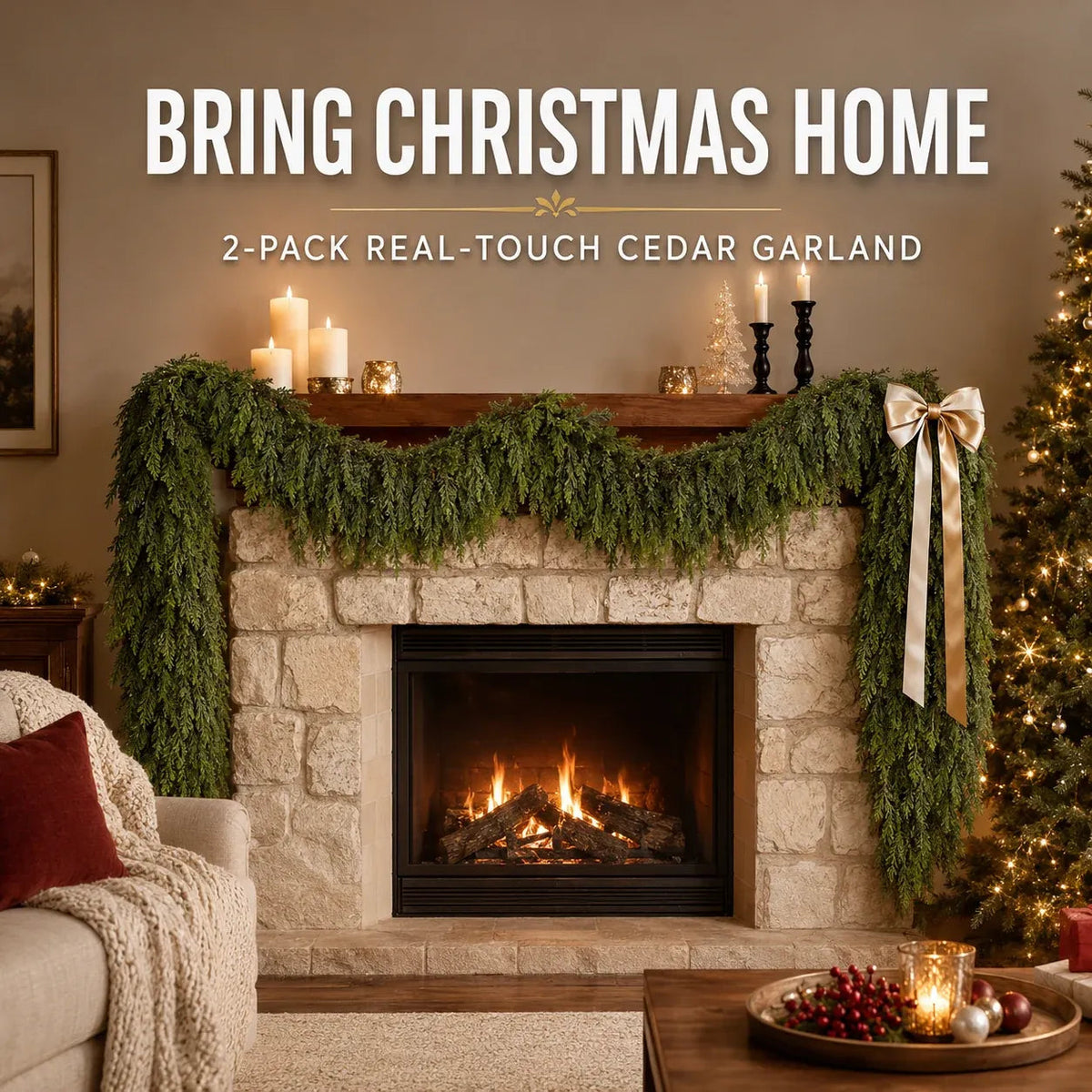 🎄 LAST DAY 50% OFF | 2-Pack Real-Touch Cedar Christmas Garland – Lush Evergreen Holiday Greenery for Mantel, Staircase & Doorway