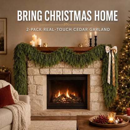 🎄 LAST DAY 50% OFF | 2-Pack Real-Touch Cedar Christmas Garland – Lush Evergreen Holiday Greenery for Mantel, Staircase & Doorway