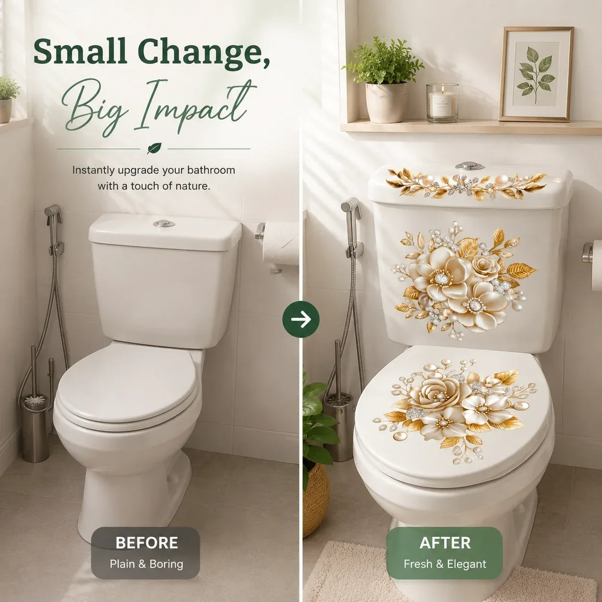 🔥 Limited-Time 49% OFF 🌸3 Piece Golden Floral Toilet Stickers – Pearl-Inspired Bathroom Decals