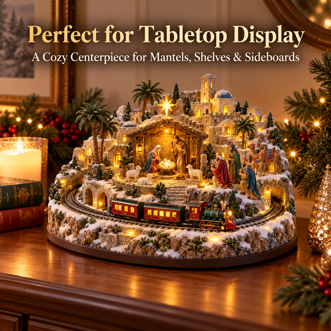 Bethlehem Christmas village displayed on a festive sideboard