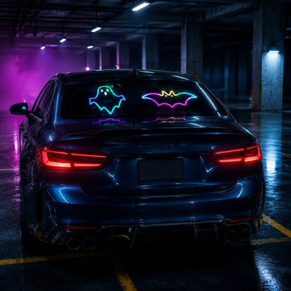 LED Glowing Bat & Ghost Car Window Light Vibration‑Sensing Spooky Cyberpunk Vehicle Light Decal for Night Drive & Halloween Car Makeover