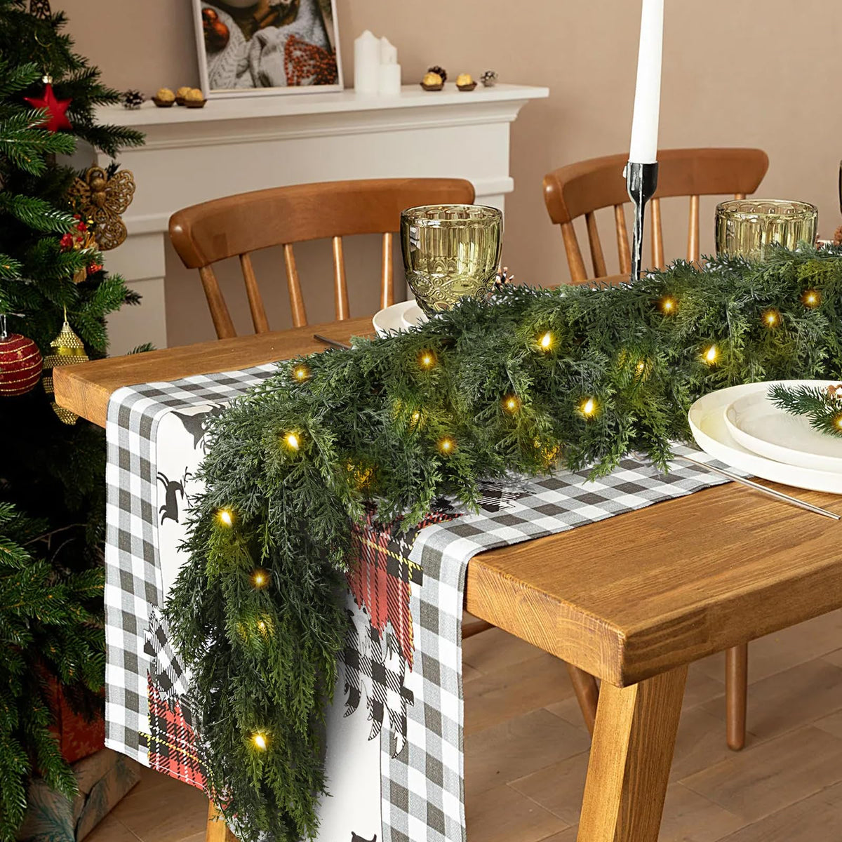 Realistic PE cedar Christmas garland close-up