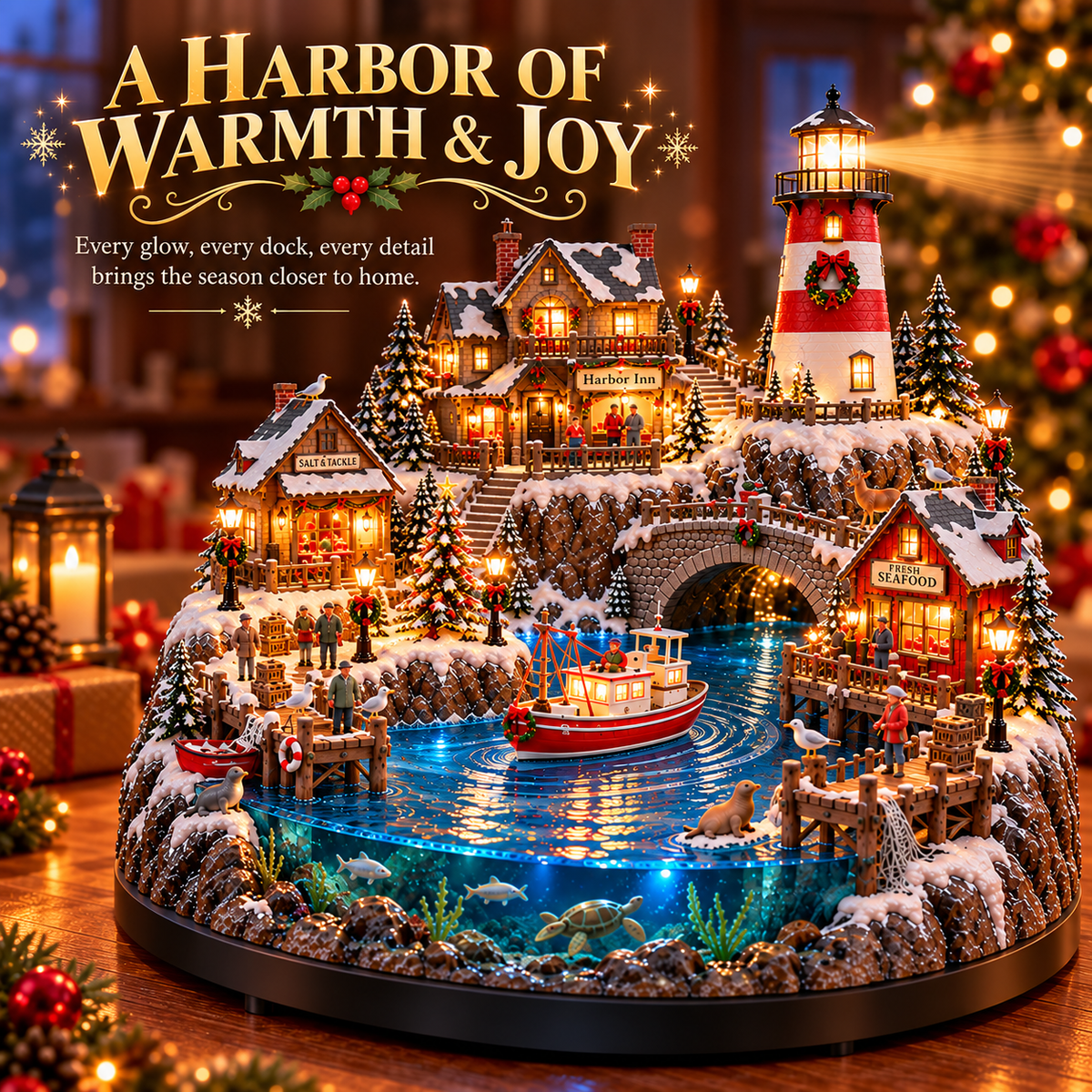 🔥 LAST DAY 50% OFF 🔥 Harborlight Christmas™ — Lighted Coastal Village with Lighthouse, Fishing Boat & Underwater Scene ✨