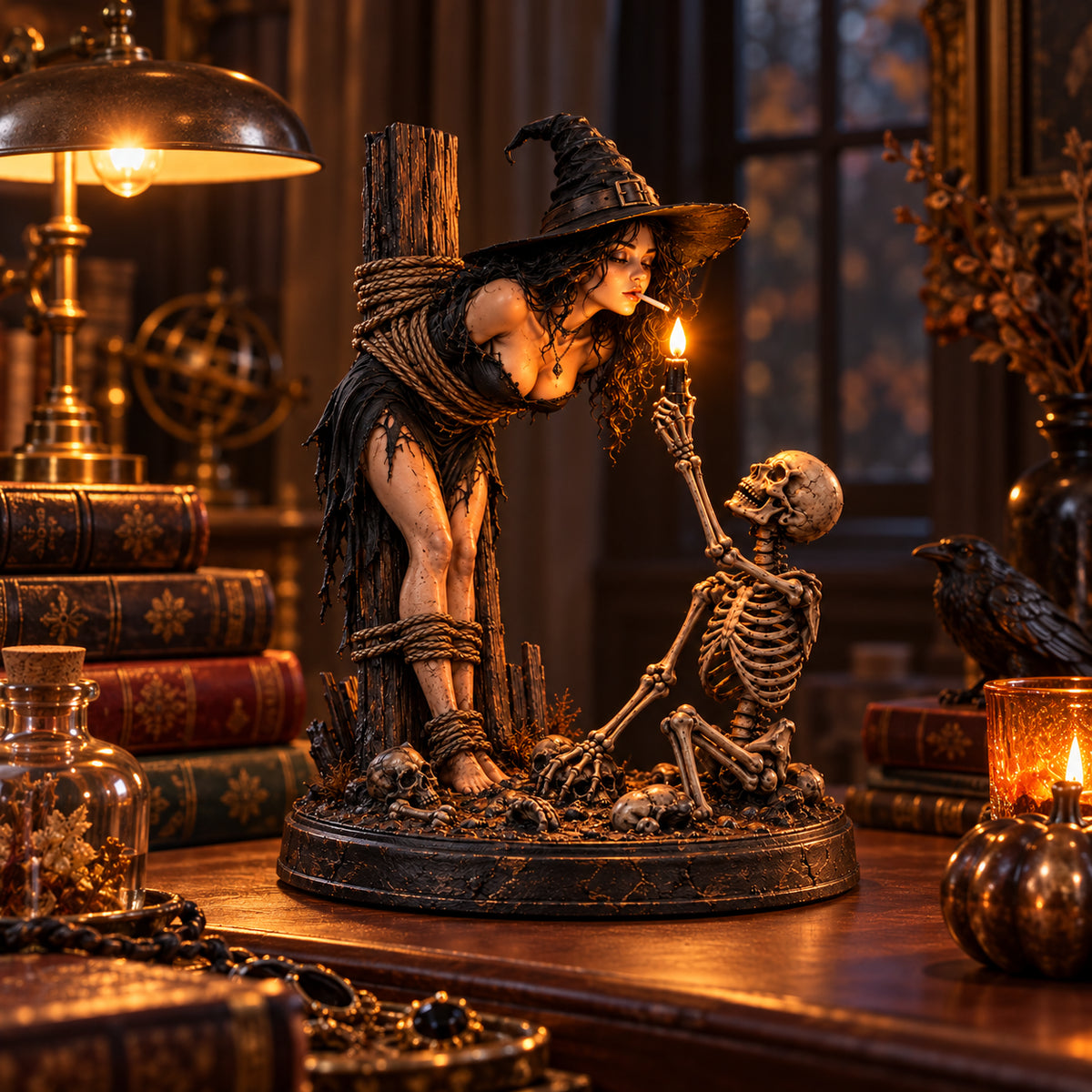 🎃 LIMITED-TIME 50% OFF | Witch’s Last Light™ – Gothic Witch & Skeleton Candle Scene Halloween Decor