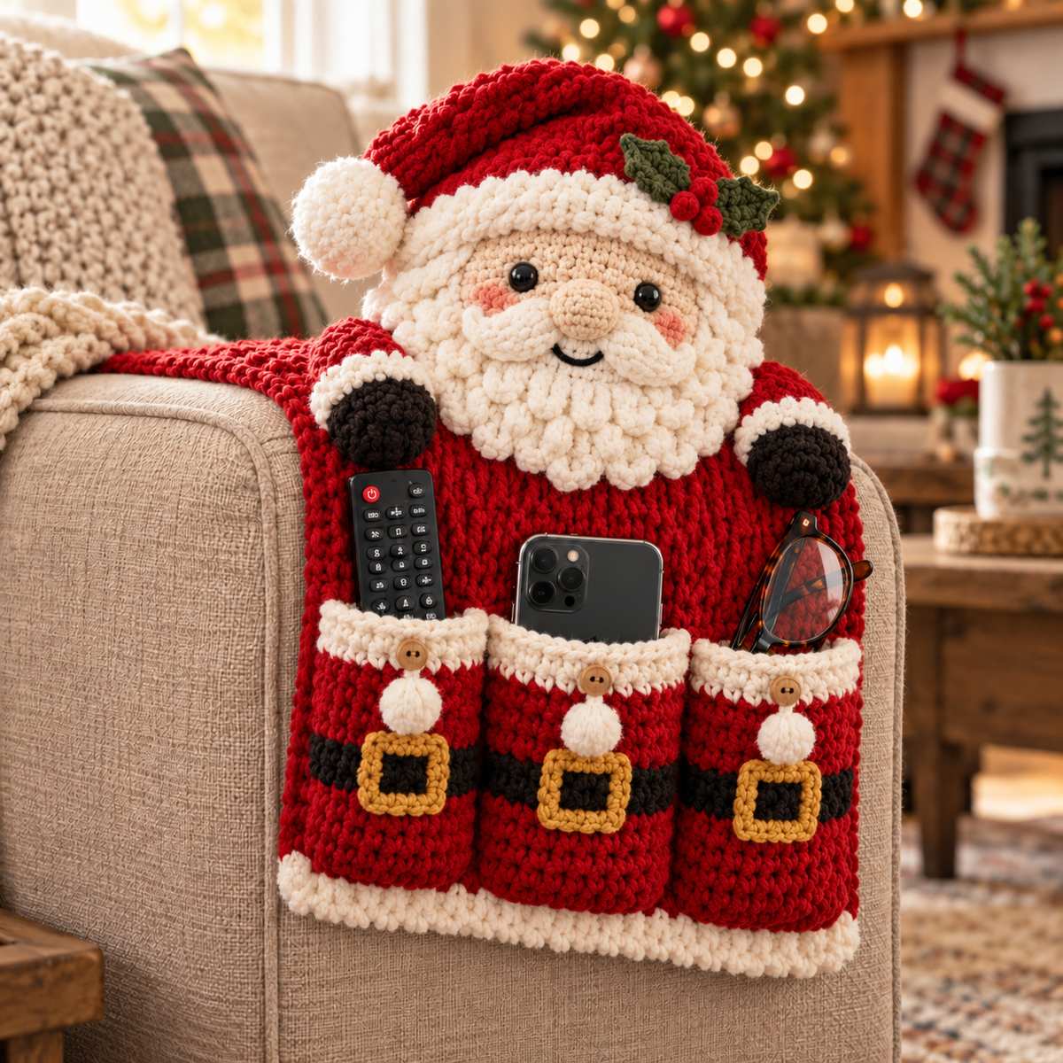 🎄 Cozy Critters™ Crochet Sofa Armrest Organizer – Cute Christmas Remote, Phone & Glasses Storage Holder