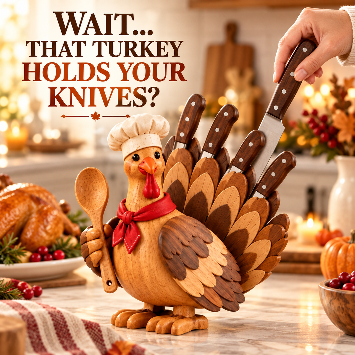 Knife being placed into wooden turkey knife holder