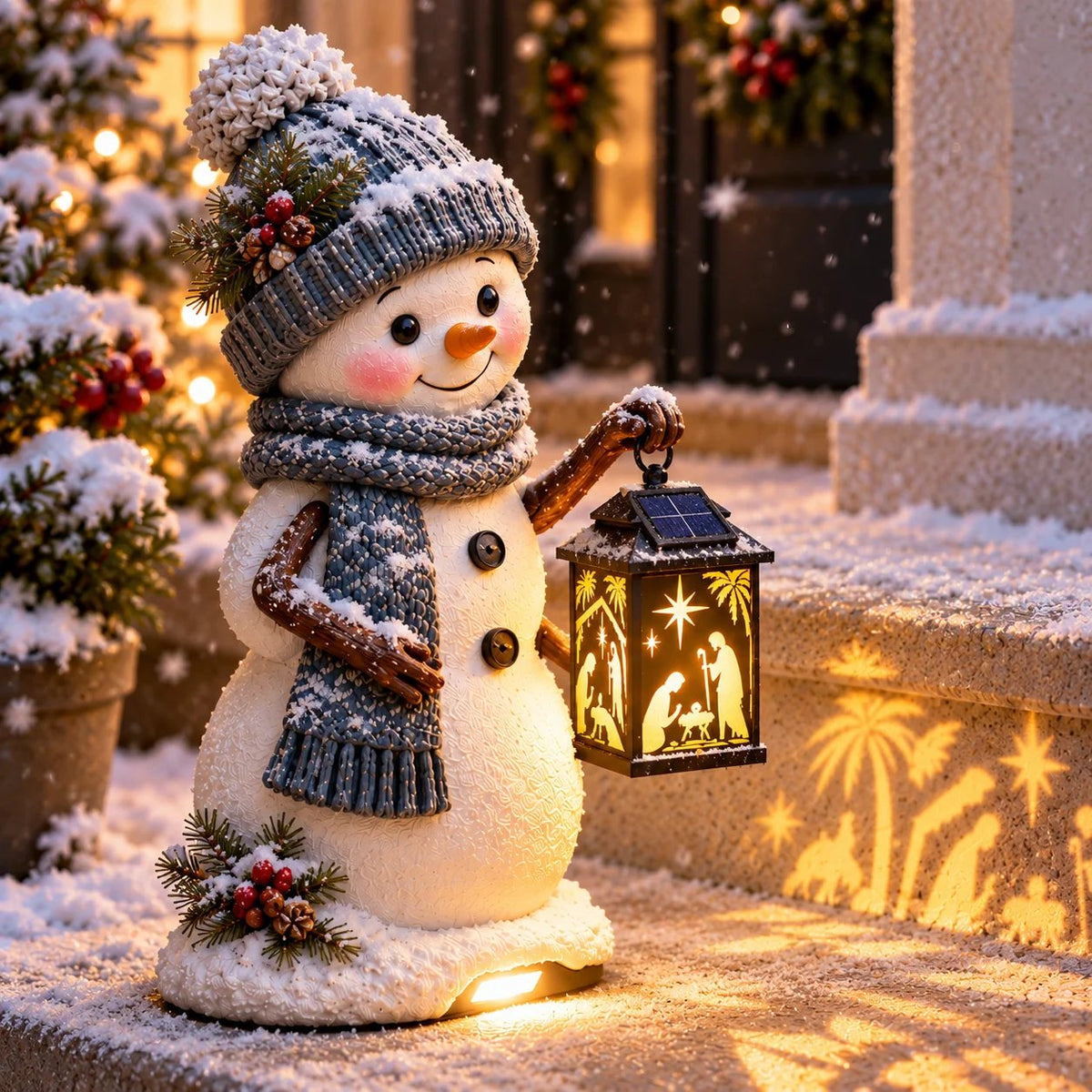 ⛄️🎄Snowman Nativity Glow™ – Solarbetriebene Weihnachts-Stufenleuchte mit Projektion der Heiligen Familie🌙