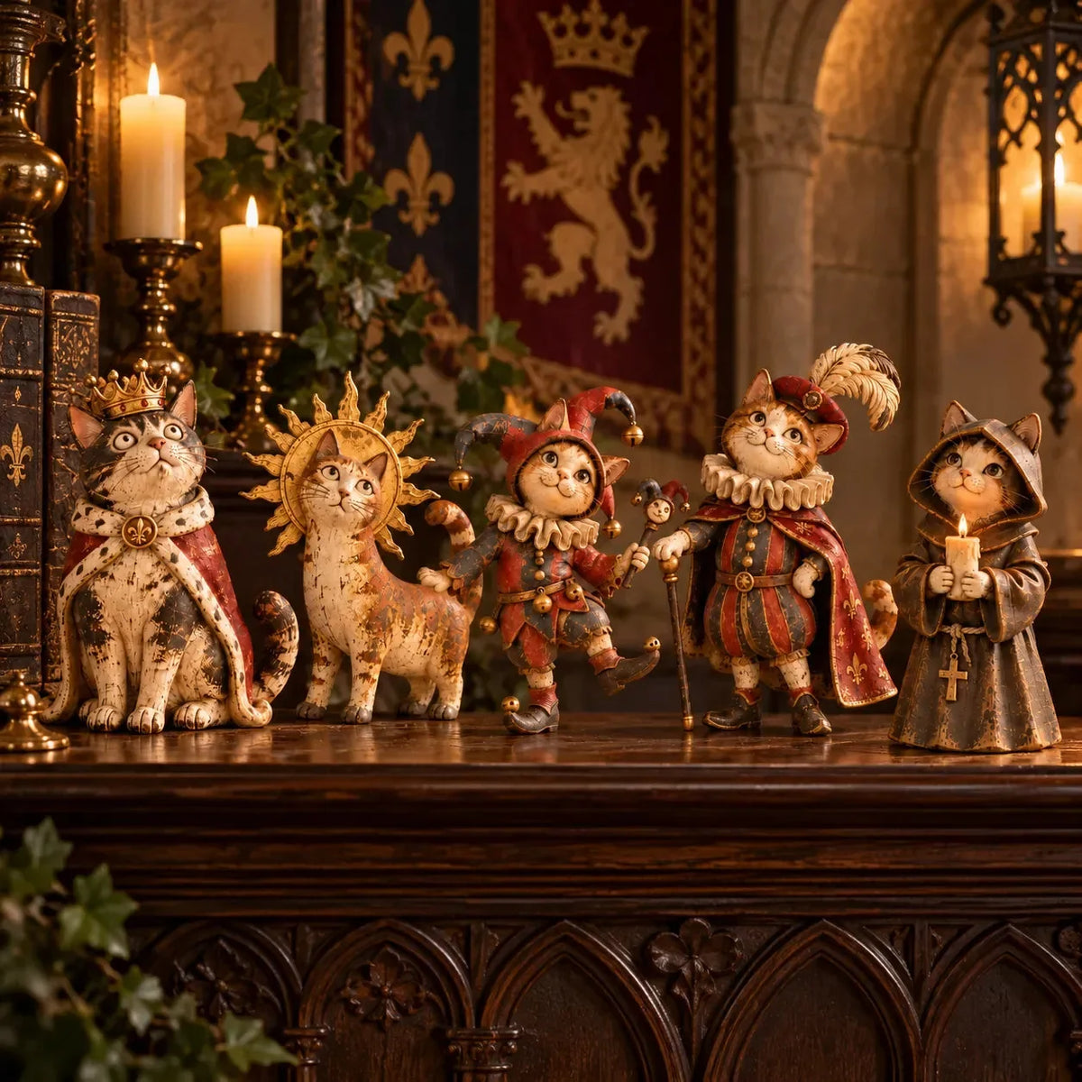 Crowned King Cat Court figurine in entryway bookshelf living room and mantel