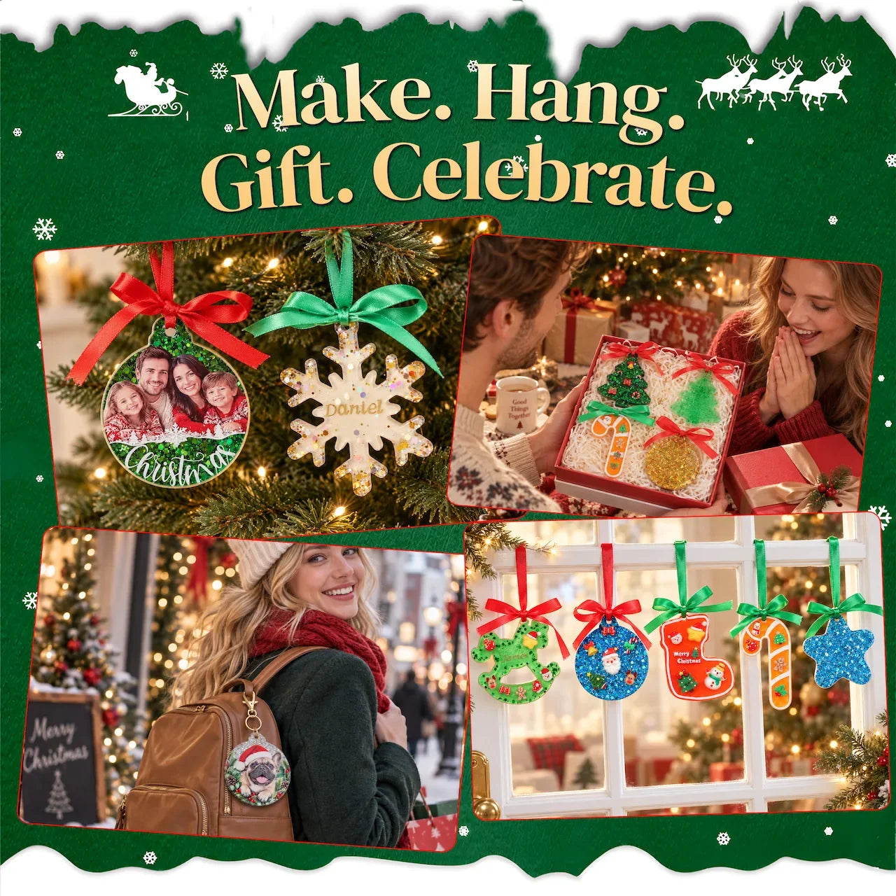 Handmade resin Christmas ornaments displayed on a tree and as holiday decorations