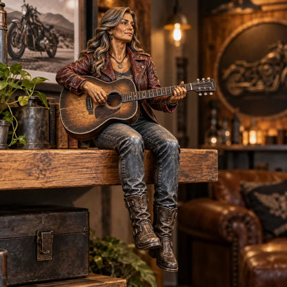 🔥 LAST DAY 50% OFF 🔥🏍️ Old Biker Soul™ – “Women Ride Too” Shelf-Sitter Figurine with Silver Hair, Leather-Look Jacket & Motorcycle Helmet ✨