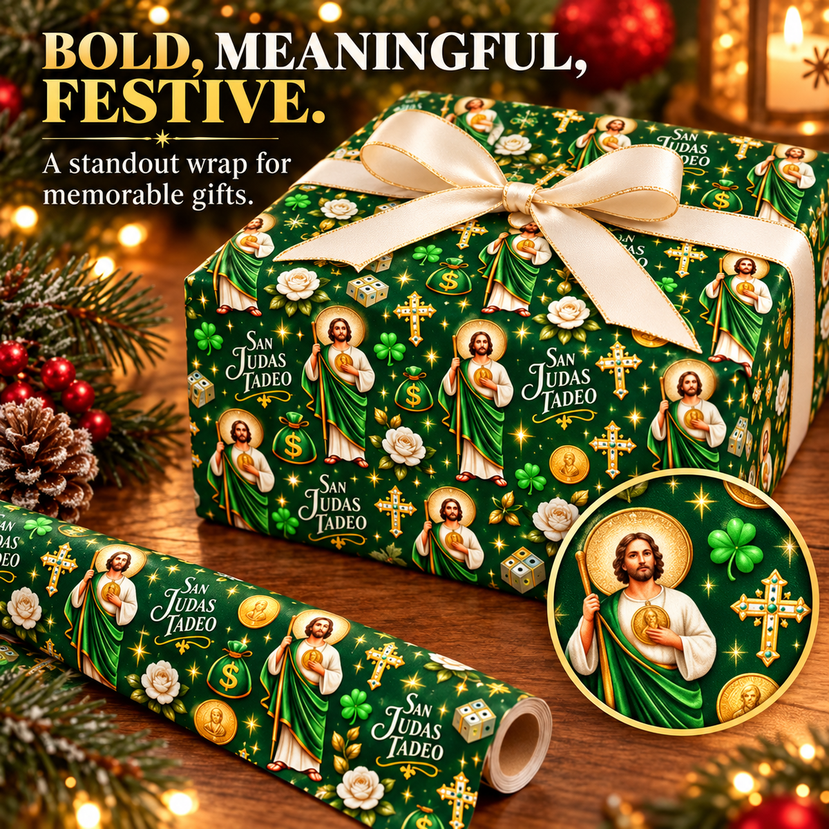 🎁 Buy 1 Get 1 FREE | 2-in-1 Gift Wrap Cutter & Tape Dispenser + FREE San Judas Tadeo Christmas Wrapping Paper 🎄