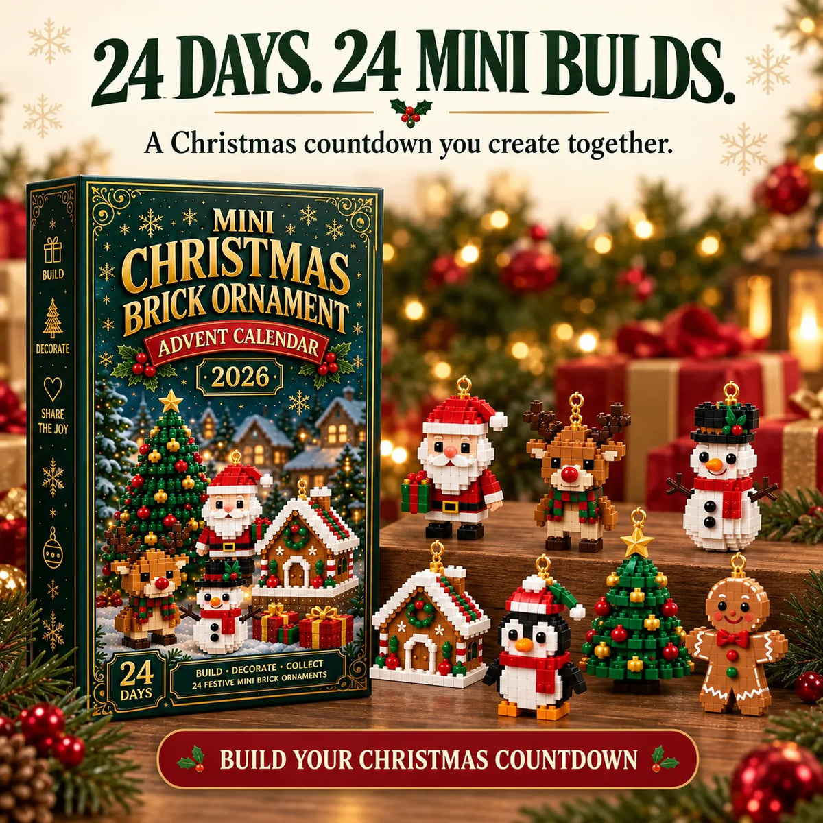 ⏳ Last Day 49% OFF – 🎄24-Day Mini Christmas Brick Ornament Advent Calendar | 24 Unique Buildable Holiday Ornaments to Create, Hang & Keep 🎄