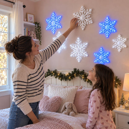 ❄️ LED Snowflake Wall Lights | 3D Christmas Snowflake Décor with Blue & White Glow, Remote Control & Magical Indoor Holiday Atmosphere ✨