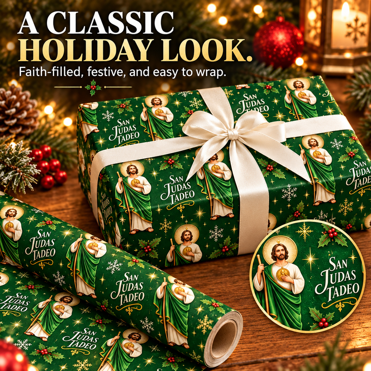 🎁 Buy 1 Get 1 FREE | 2-in-1 Gift Wrap Cutter & Tape Dispenser + FREE San Judas Tadeo Christmas Wrapping Paper 🎄