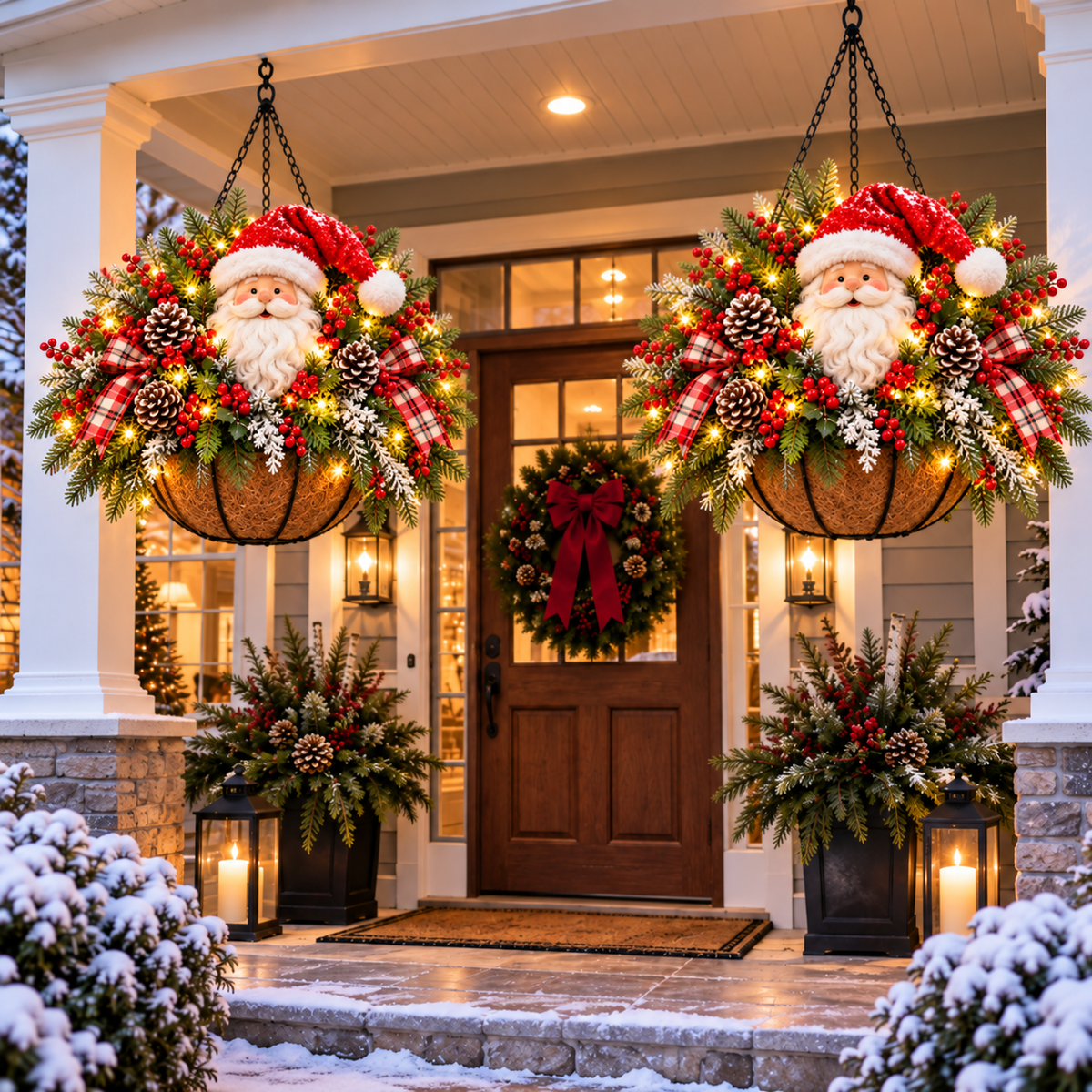 🔥 LIMITED-TIME 50% OFF 🎄 Pre-Lit Christmas Hanging Basket – Lighted Santa & Snowman Porch Decorations
