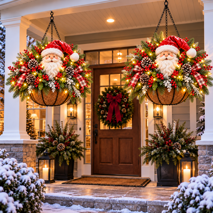 🔥 LIMITED-TIME 50% OFF 🎄 Pre-Lit Christmas Hanging Basket – Lighted Santa & Snowman Porch Decorations